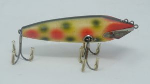 Heddon #1605 Deep Diving Wiggler (side-hooked) - carnival spot (1916-c.1926) -1bb